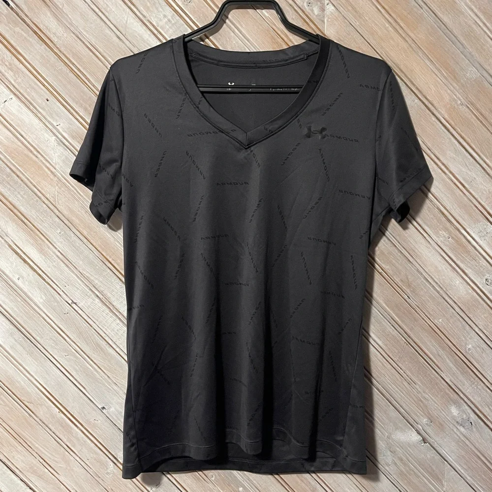 Under Armour Black & Grey Short Sleeve V Neck Tee Soft Athletic Workout Loose - Picture 1 of 8